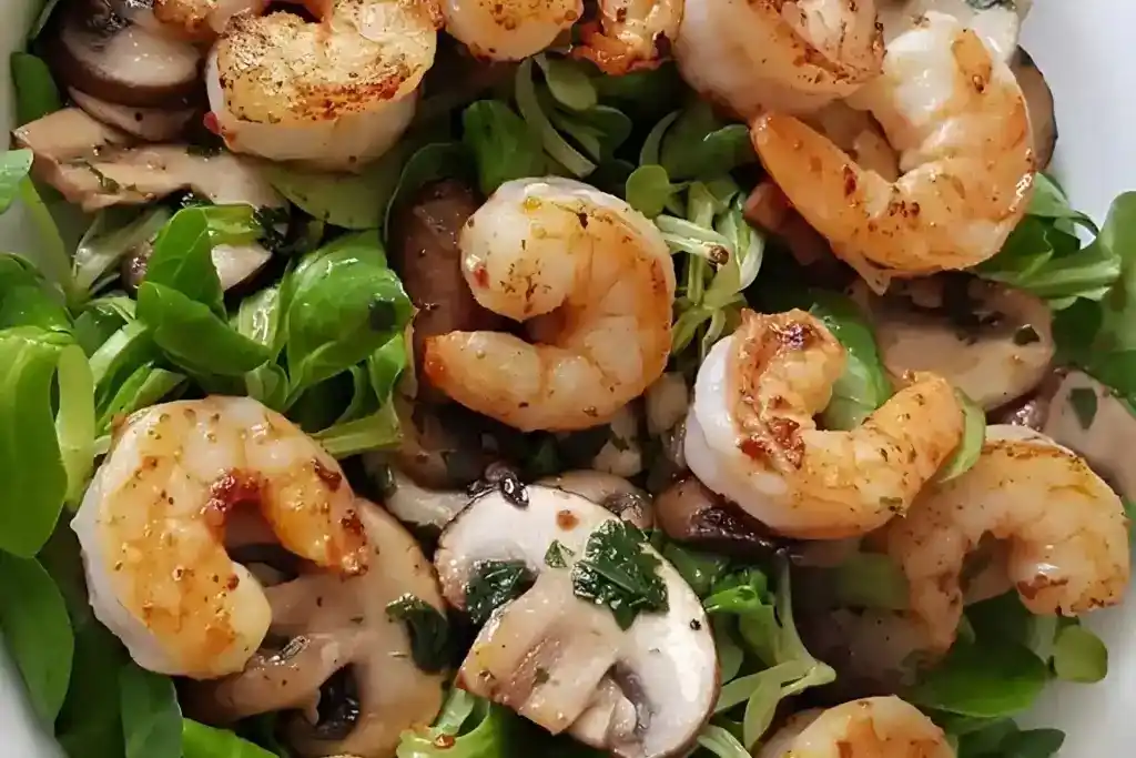 Knoblauch-Garnelen mit Kräuterchampignons auf Feldsalat