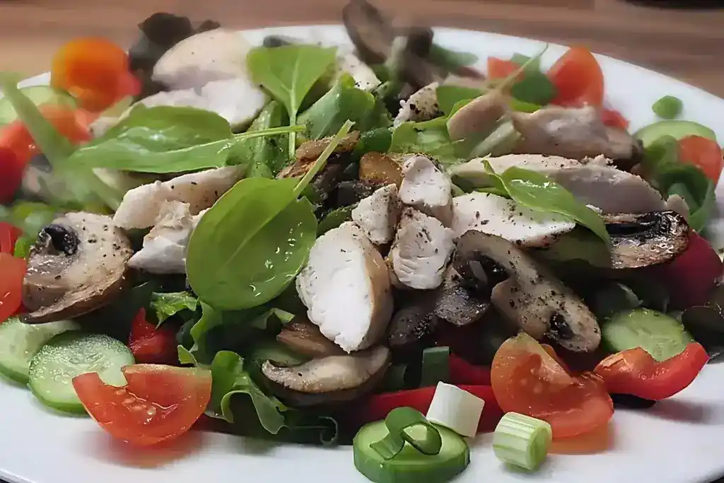 Bunter Sommersalat mit Putenbruststreifen und Caesars Dressing