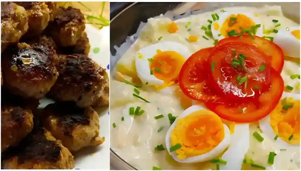 Selbst gemachter Kartoffelsalat und Frikadellen