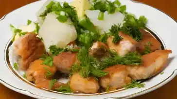 Hähnchenstücke und Kartoffeln mit Sahne überbacken