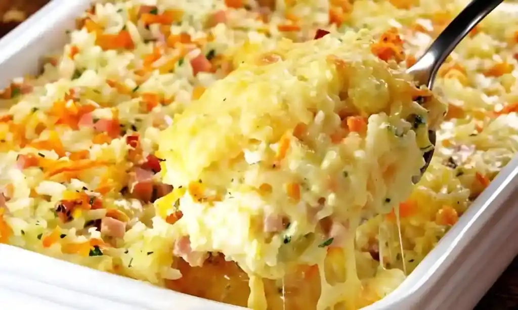 Gebackener Reis mit leckerer Schinken und Käse