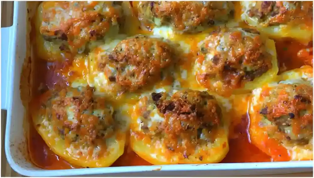 Gefüllte Kartoffeln mit Hackbällchen in Tomatensoße