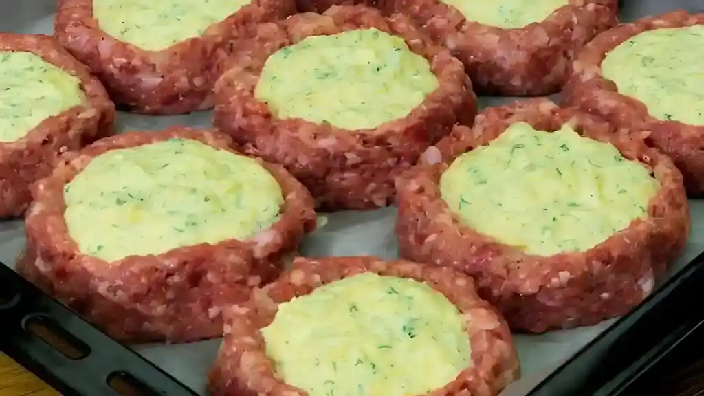 Hackfleisch-Nester mit Käsefüllung und Kräuter