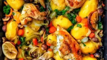Hähnchen aus dem Ofen mit Kartoffeln und buntem Gemüse