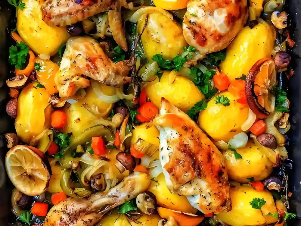 Hähnchen aus dem Ofen mit Kartoffeln und buntem Gemüse