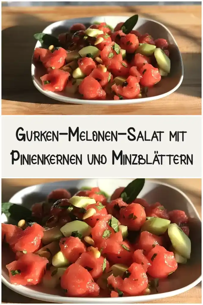 Gurken-Melonen-Salat mit Pinienkernen und Minzblättern 1 Gurken-Melonen-Salat mit Pinienkernen und Minzblättern