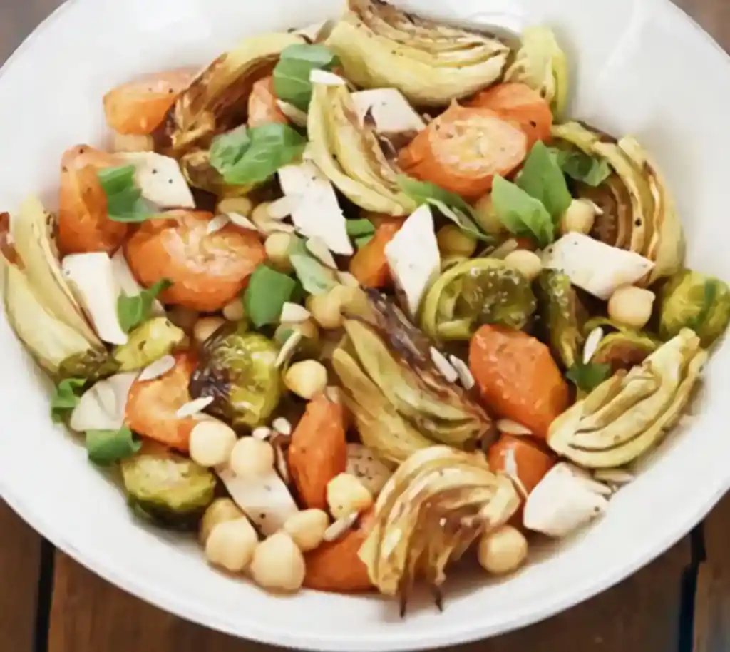 Hühnchen, Kichererbsen und gebratener Gemüsesalat