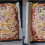 Low Carb Pizza mit Pizzakäse, Schinken und Champignons