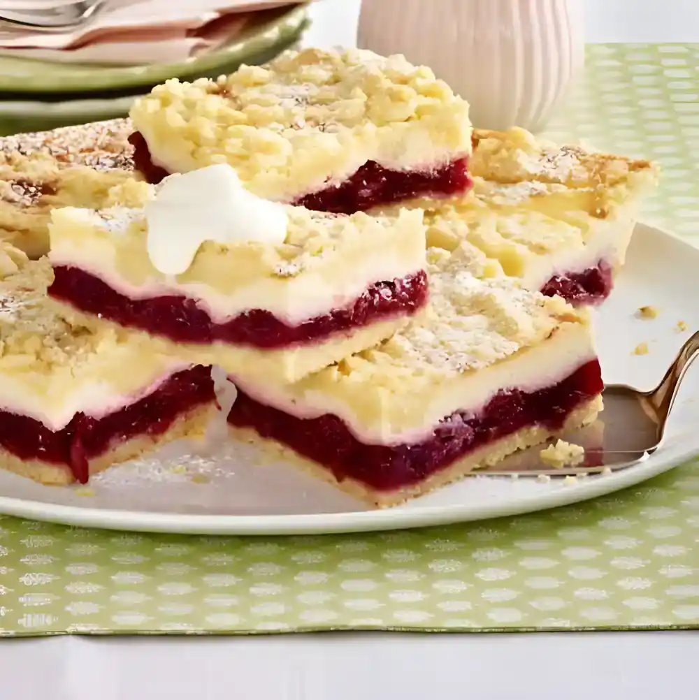 Käse-Streuselkuchen vom Blech mit Kirschkompott