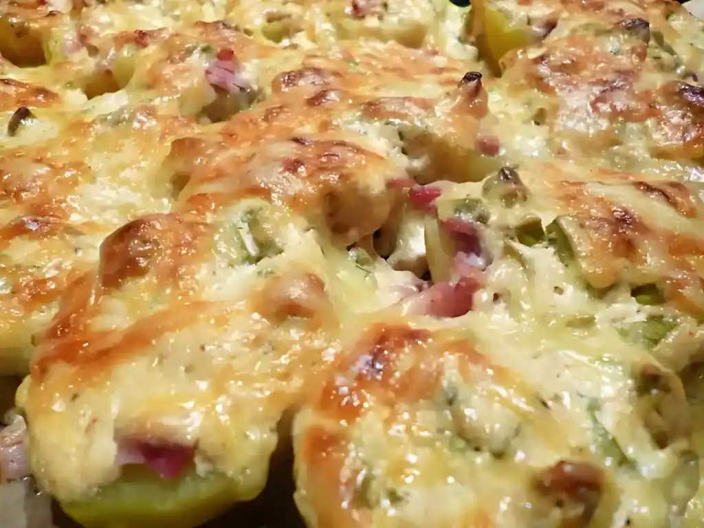Belegte Ofenkartoffeln (Pellkartoffeln mit Speck, Schmand und Käse überbacken)