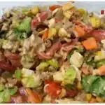 Bunter Salat mit Hack von rind und Kaese W2xEX 2x