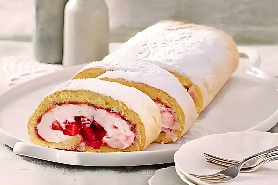 Biskuitrolle mit Erdbeerfüllung