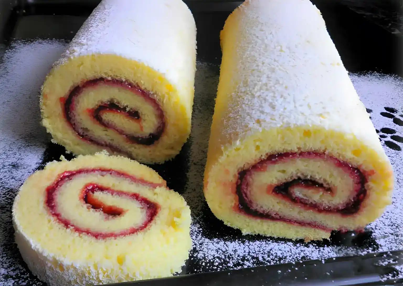 einfache Biskuitrolle mit Himbeerkonfitüre