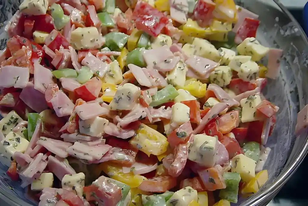 Paprika-Salat mit Schinken und Käse