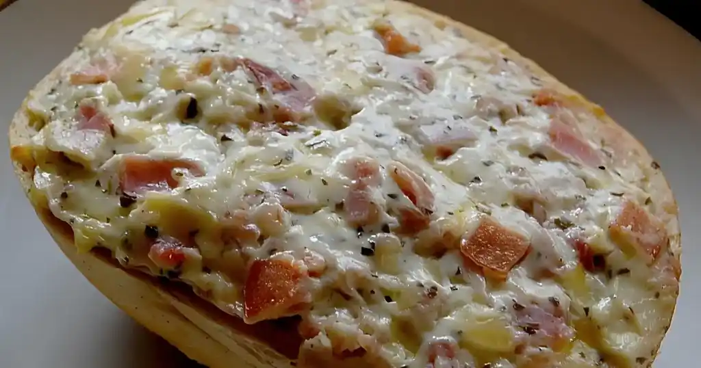 Überbackene Schinken Crème fraîche Brötchen