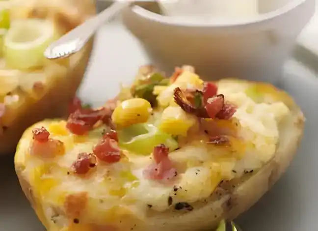 Überbackene Kartoffelhälften mit Brunch und Bacon
