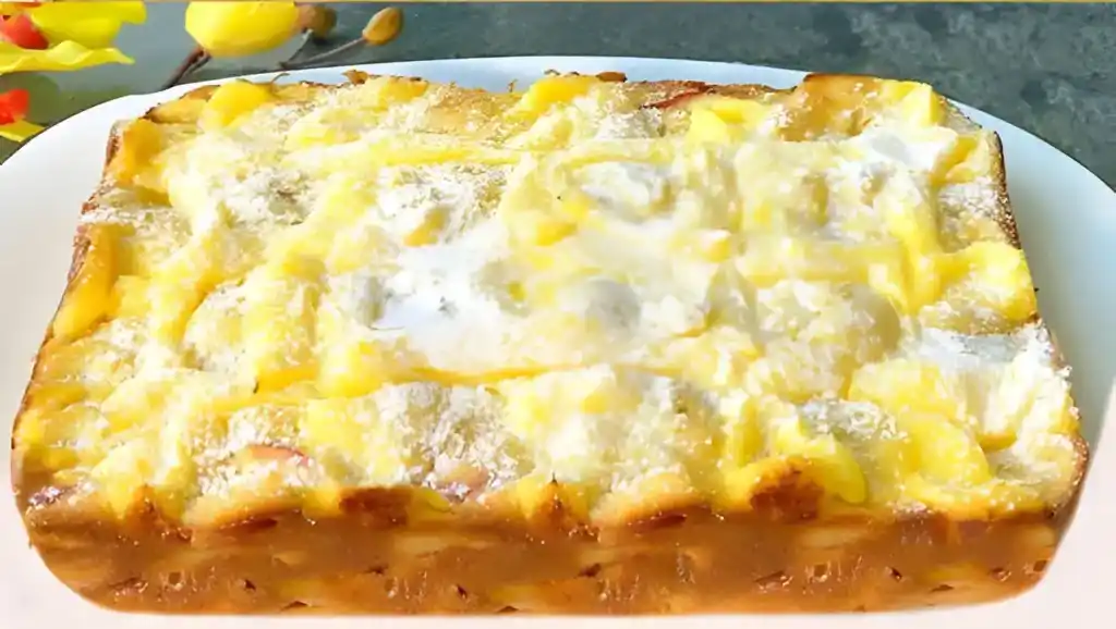 Apfelkuchen mit 2 Packung Vanillepuddingpulver und 45 Minuten Backzeit