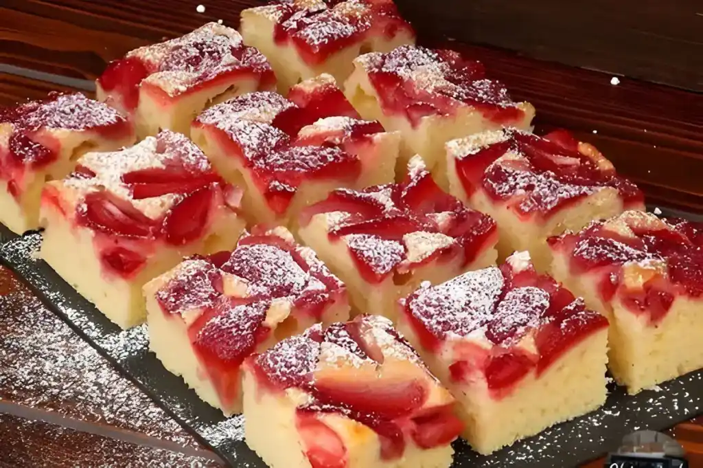 Erdbeer Blechkuchen den ich jede Woche backe in 3 Minuten im Ofen