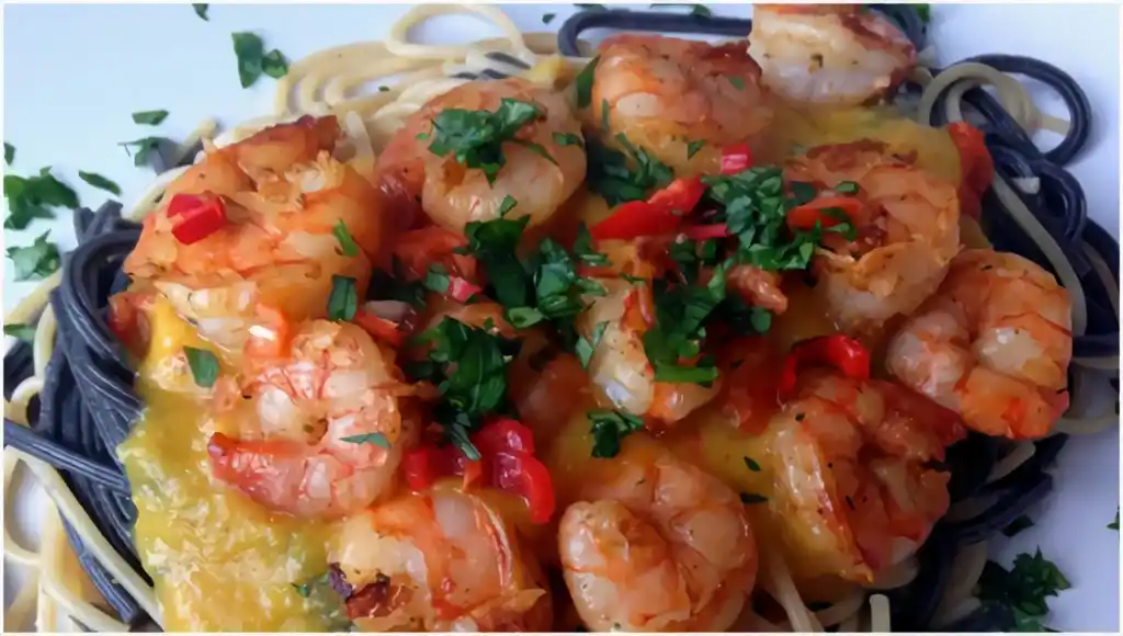 Exotisches Low-Carb-Gericht Mango-Chili-Soße mit Garnelen und Vollkorn-Spaghetti