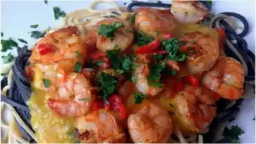 Exotisches Low Carb Gericht Mango Chili Sosse mit Garnelen und Vollkorn Spaghetti W2xEX 4x 2n