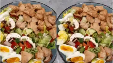 Herzhafte Proteinpower Haehnchenbrust frische Champignons und Eier auf knackigem Salatbett W2xEX 4x 2n