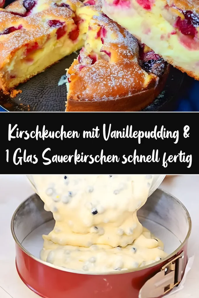Kirschkuchen mit Vanillepudding & 1 Glas Sauerkirschen schnell fertig 1 Kirschkuchen mit Vanillepudding 1 Glas Sauerkirschen schnell fertig