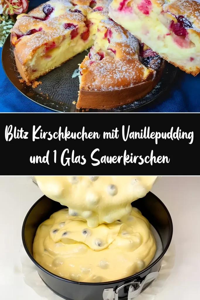 Blitz Kirschkuchen mit Vanillepudding und 1 Glas Sauerkirschen 1 Blitz Kirschkuchen mit Vanillepudding und 1 Glas Sauerkirschen