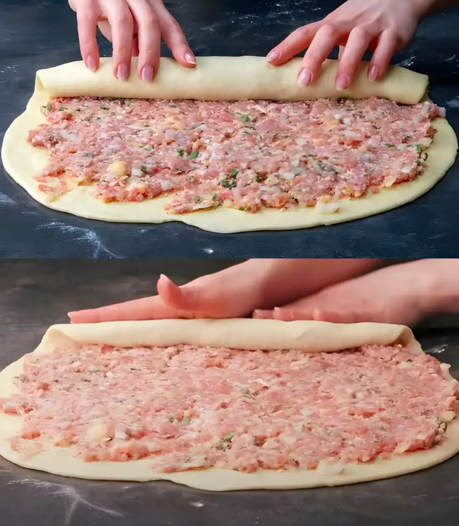 Eingerollter Teig mit 600 g Hackfleisch für 10 Minuten im Backofen fertiggebacken