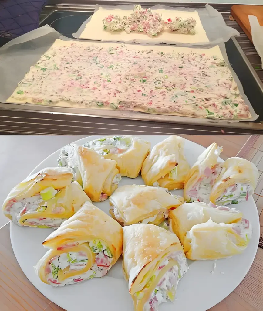 Flammkuchenrolle mit 200 g Schinken und 1 Rolle Blätterteig aus dem Kühlregal