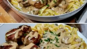 Nudeln mit Pilzsoße und Hackbällchen