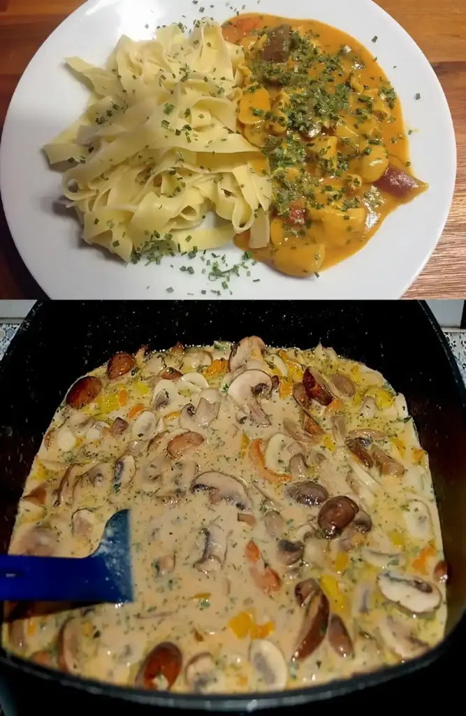 Puten Sahne Gulasch auf Bandnudeln in 20 minuten zubereitet
