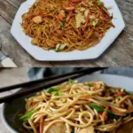 Chinesisch gebratene Nudeln mit Hühnchenfleisch, Ei und Gemüse