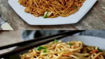 Chinesisch gebratene Nudeln mit Hühnchenfleisch, Ei und Gemüse