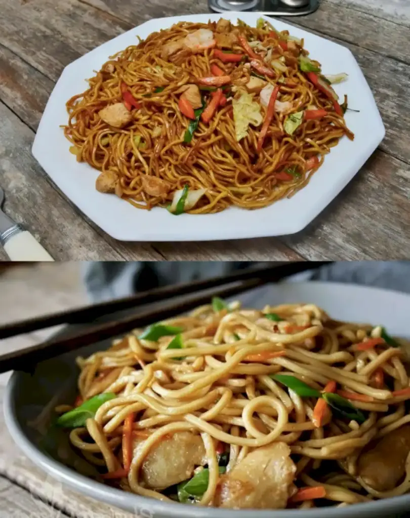 Chinesisch gebratene Nudeln mit Hühnchenfleisch, Ei und Gemüse