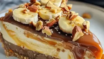 Käsekuchen mit Mandelkruste, Banane und Karamell