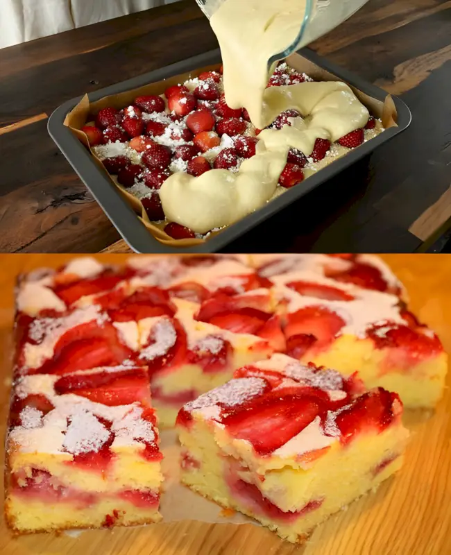 Biskuitkuchen mit Erdbeeren in 5 Minuten bereit im Ofen