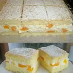 Mandarinen-Quark-Schnitten auf einem Biskuitboden mit Mandarinen und cremigem Quark