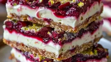 Rezept für Kirsche-Pistazien-Käsekuchen-Riegel