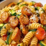 Hähnchenwürstchen mit Zucchini und Pasta