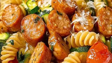 Hähnchenwürstchen mit Zucchini und Pasta