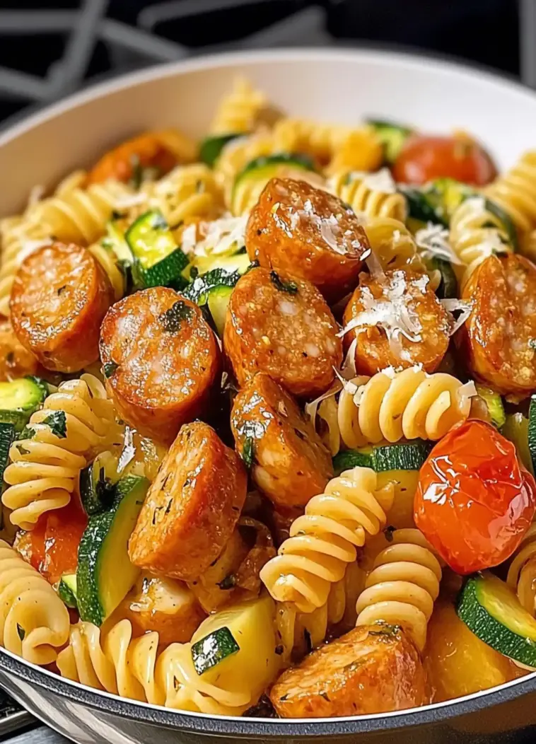 Hähnchenwürstchen mit Zucchini und Pasta