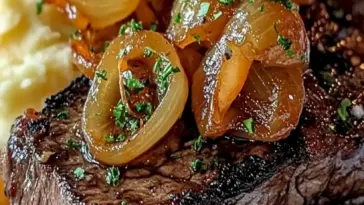 Rindersteak mit karamellisierten Zwiebeln und Kartoffelpüree