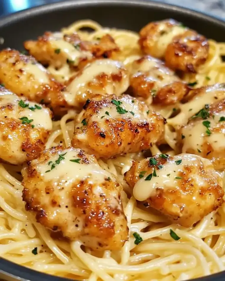 Spaghetti mit 500 g Hähnchenfleisch in Parmesan Knoblauchsauce