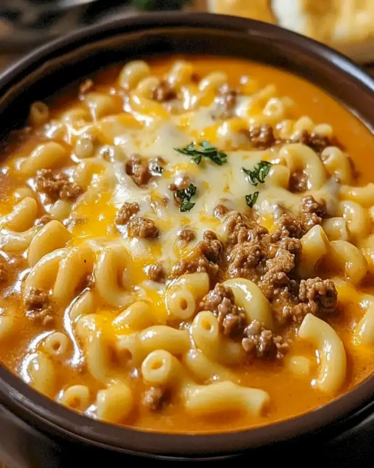 Ein Topf Makkaroni Cheeseburger Suppe