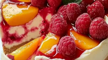 Pfirsich- und Himbeer-Käsekuchen Rezept