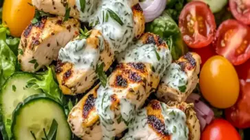Tzatziki Huehnchen Salat mit Mediterranen Aromen