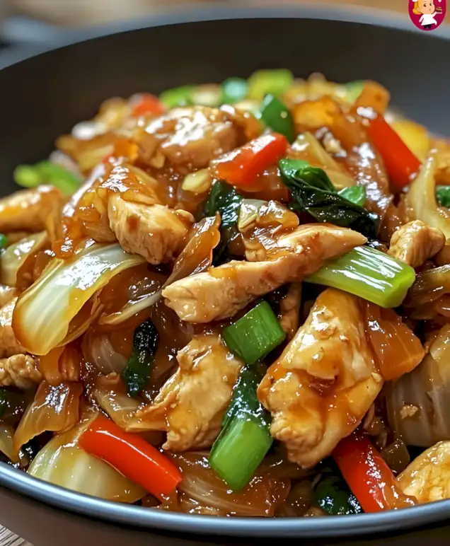 Chinesische Hähnchenpfanne mit Spitzkohl und Zwiebel