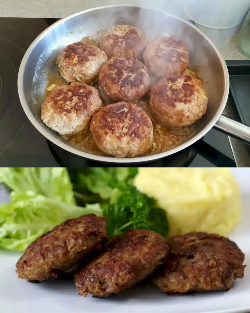 Fleischpflanzerl mit Kartoffelpüree und Gurkensalat