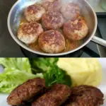 Fleischpflanzerl mit Kartoffelpueree und Gurkensalat