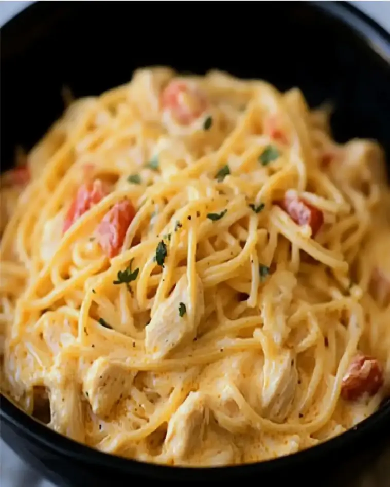 Haehnchen Spaghetti im Slow Cooker mit Tomaten und cremigem Kaese